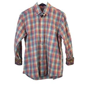 Alan Flusser Shirt Mens M Multicolor Plaid Button Down Shirt Plaid Flip Cuff Top
